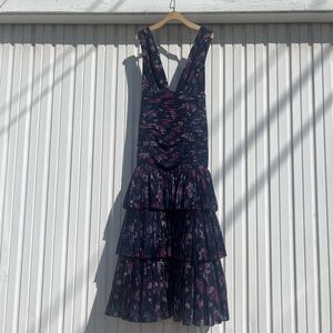 FAME + PARTNERS navy blue sheer floral pleated tiered ruffle midi maxi gown